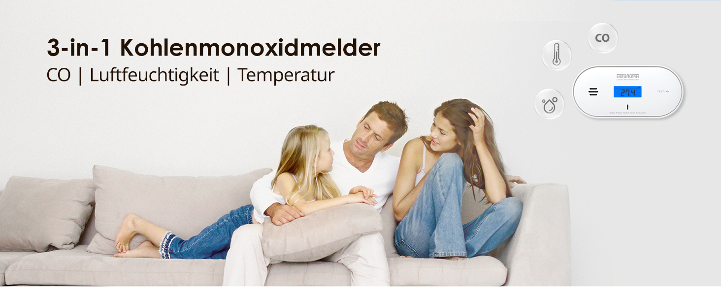Wisualarm C06 Kohlenmonoxid-Melder mit blau hinterleuchtetem LCD, Temperatur- und Feuchteanzeige – Detail 1