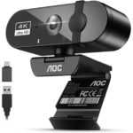 Schwarze Webcam mit Objektivabdeckung, USB-Kabel und USB-C-Adapter