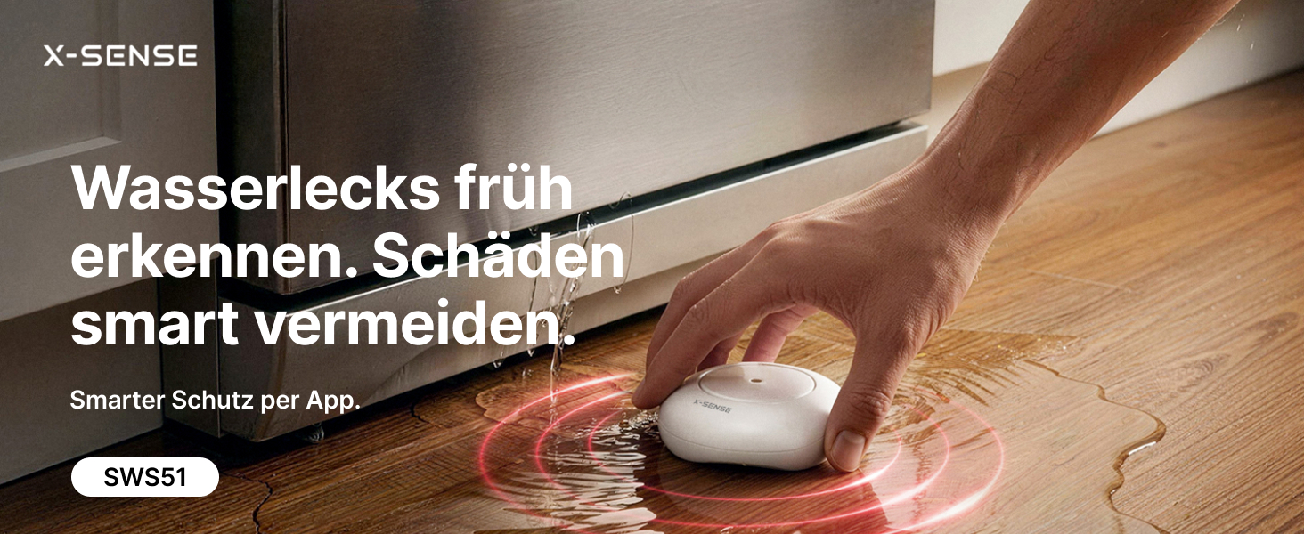 X-Sense SWS51 Wassermelder in Weiss, flacher Funksensor mit Sonden an der Unterseite – Detail 1