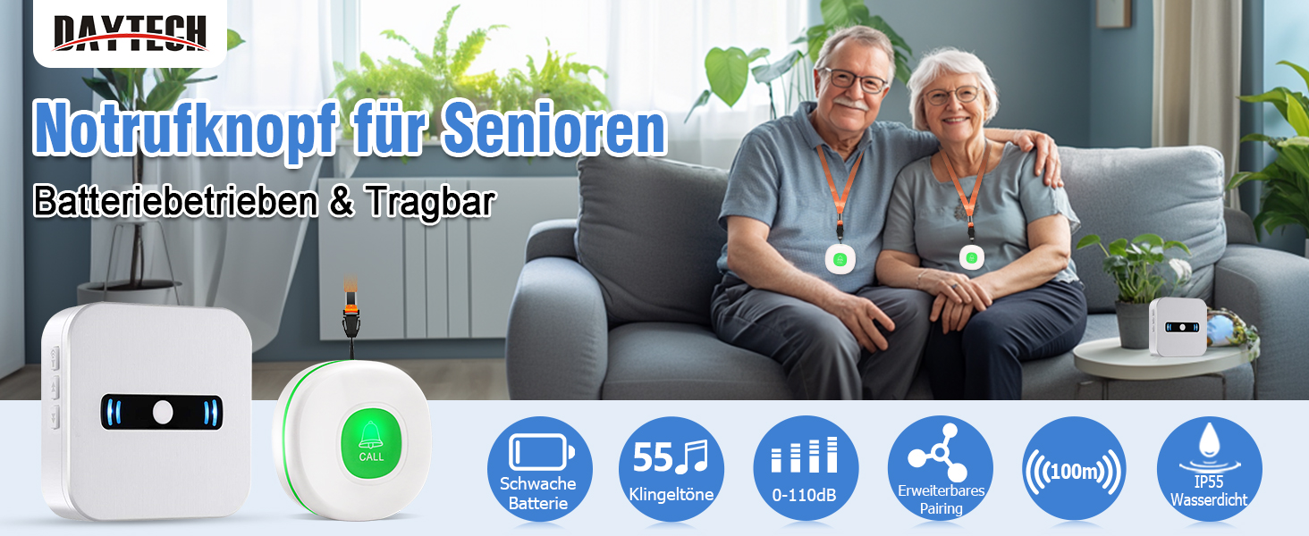 DAYTECH CC02 Notrufknopf mit Funkempfänger und Trageband – Detail 1