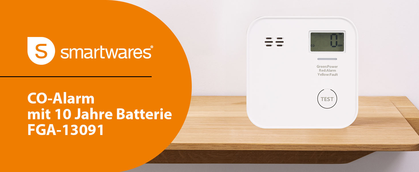 Smartwares CO-Melder FGA-13091 in Weiss mit Anzeige und Testtaste an der Wand – Detail 1