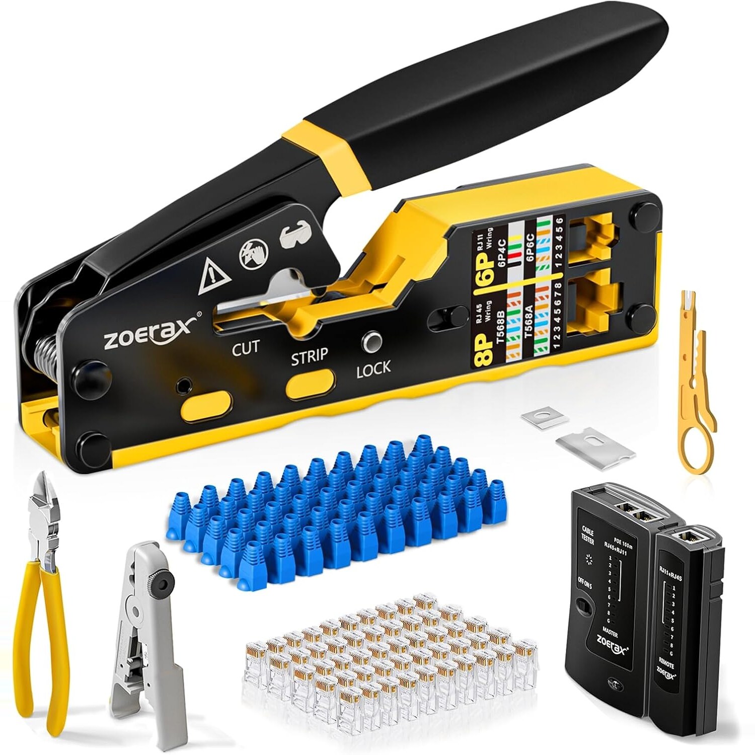 ZoeRax 8-in-1 Netzwerk-Werkzeugset mit RJ45-Crimpzange, Kabeltester und 50 Pass-Through-Steckern – Ansicht 1 ZoeRax Netzwerk-Werkzeugset mit RJ45-Crimpzange, Kabeltester, Abisolierwerkzeug und Pass-Through-Steckern