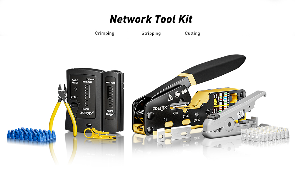 ZoeRax Netzwerk-Werkzeugset mit RJ45-Crimpzange, Kabeltester, Abisolierwerkzeug und Pass-Through-Steckern – Detail 1