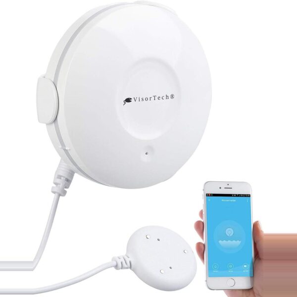 Weisser VisorTech Wassermelder XMD-105.wm mit externem Sensor am Kabel neben einer Waschmaschine