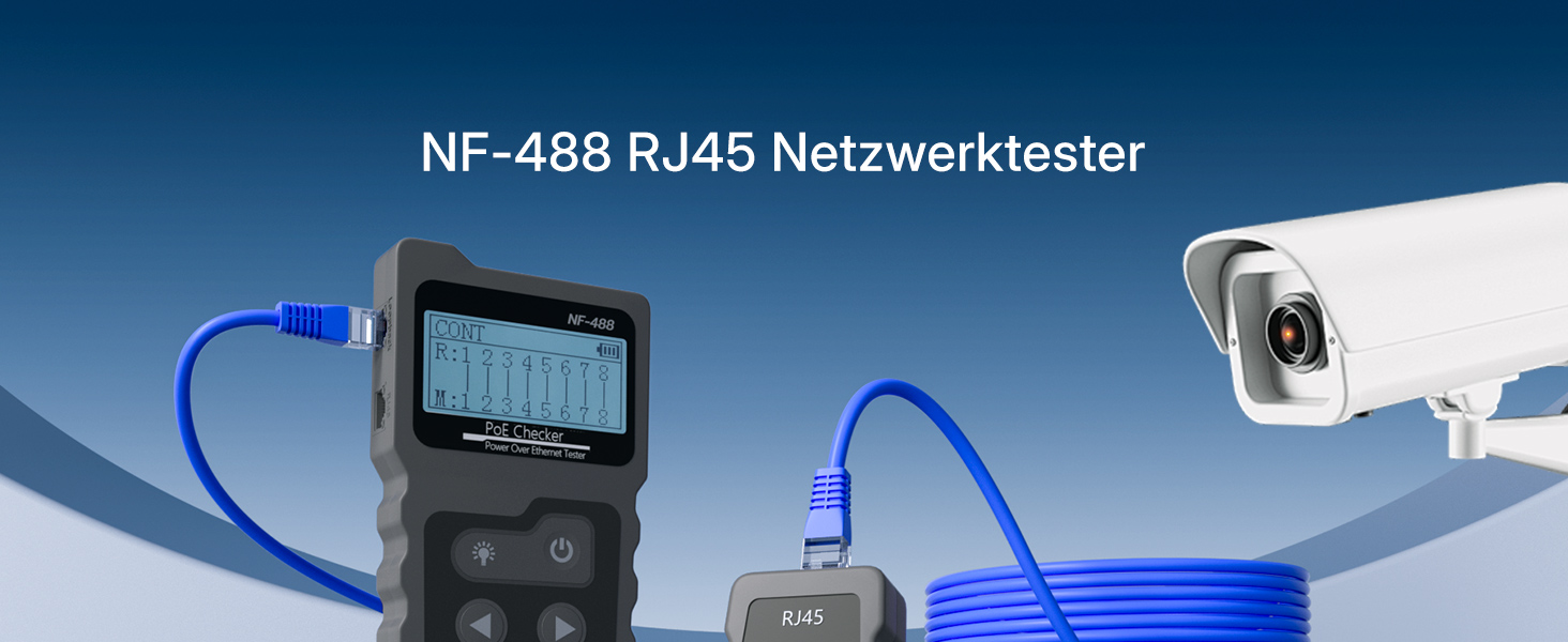 Schwarzer Netzwerk-Kabeltester Mcbazel INSP0319 mit LCD-Display, RJ45-Buchse und kleinem Gegenstück – Detail 1