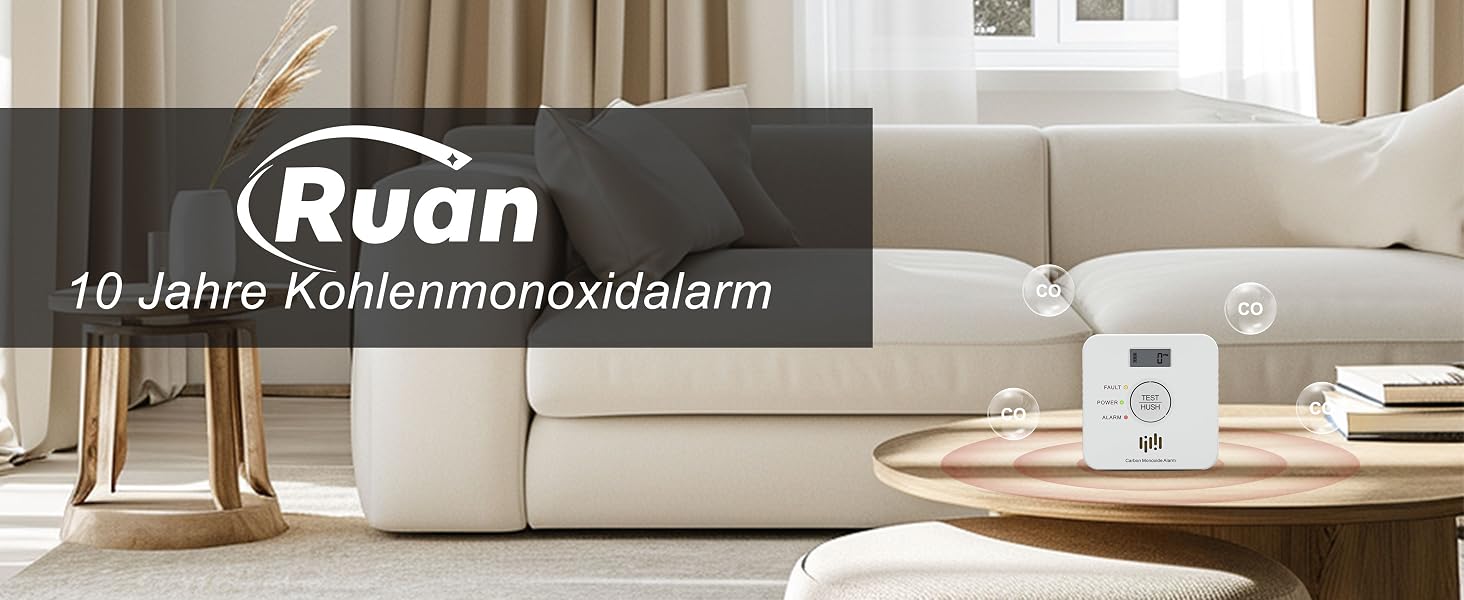 Weisser Kohlenmonoxid-Melder Ruan TCS0202A mit LCD-Display und ppm-Anzeige an einer Wand – Detail 1