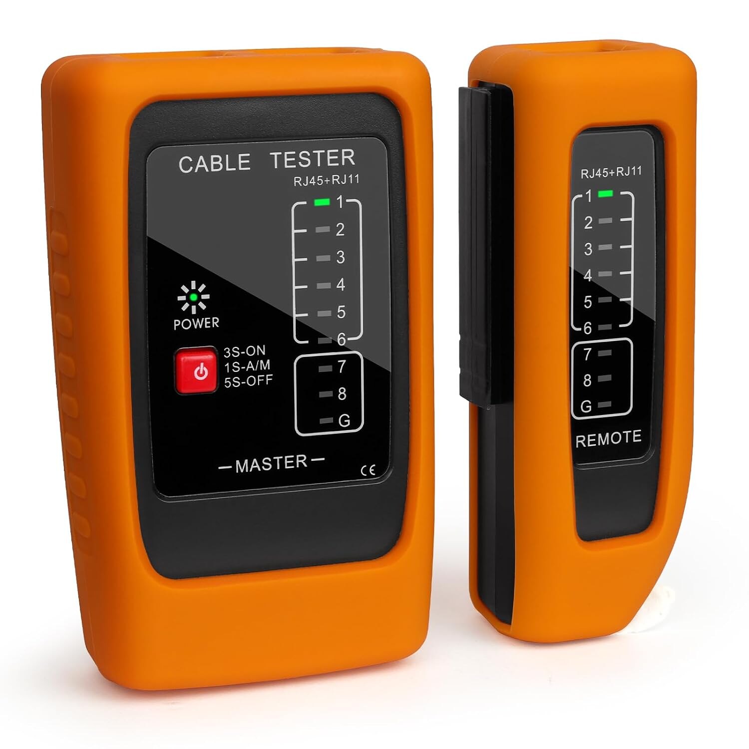 Hiija NCT-00 Netzwerkkabel-Tester für RJ45 und RJ11, mit PoE-Messung und Längenmessung – Ansicht 1 Hiija Netzwerkkabel-Tester NCT-00 mit Gummihülle und Fernmodul für RJ45 und RJ11