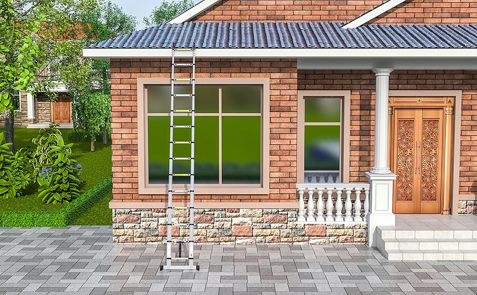Ausgezogene Aluminium-Teleskopleiter mit Stabilisatorstange und Einhängehaken – Detail 1