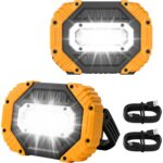 Zwei gelbe Darbony LED-Akkustrahler mit 30 Watt, Display und verstellbarem Griff