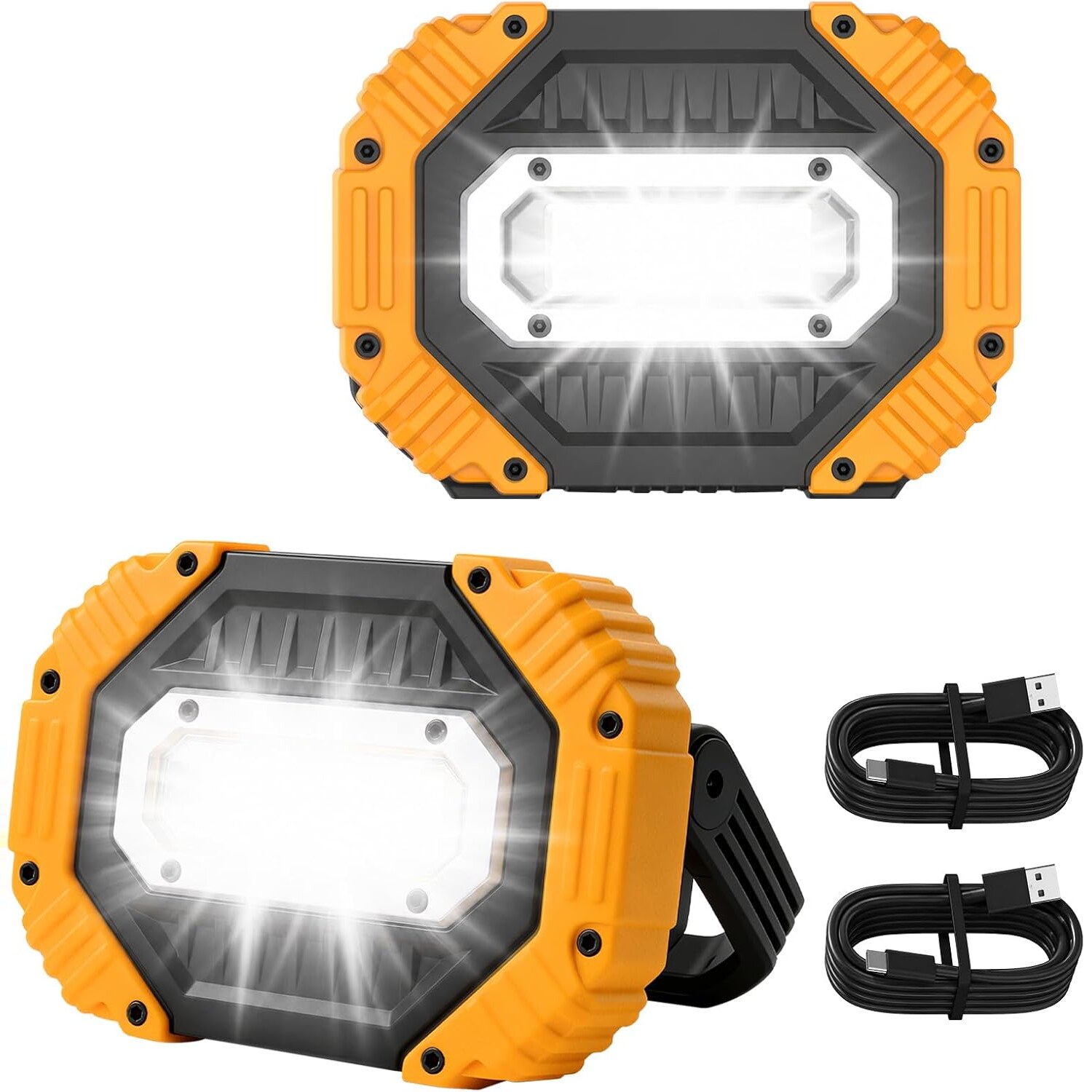Darbony LED-Akkustrahler 30 W im 2er-Set, USB-C-Ladung, Magnethalter, IP65 – Ansicht 1 Zwei gelbe Darbony LED-Akkustrahler mit 30 Watt, Display und verstellbarem Griff