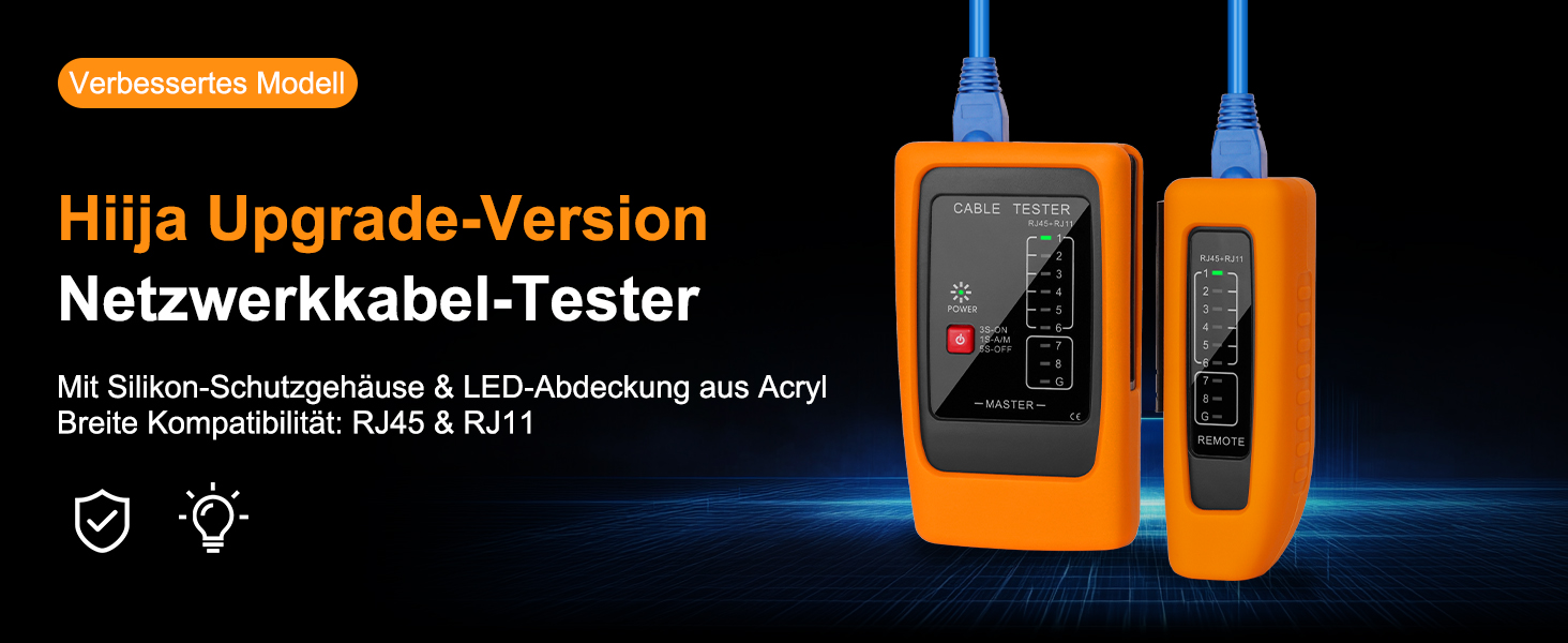 Hiija Netzwerkkabel-Tester NCT-00 mit Gummihülle und Fernmodul für RJ45 und RJ11 – Detail 1