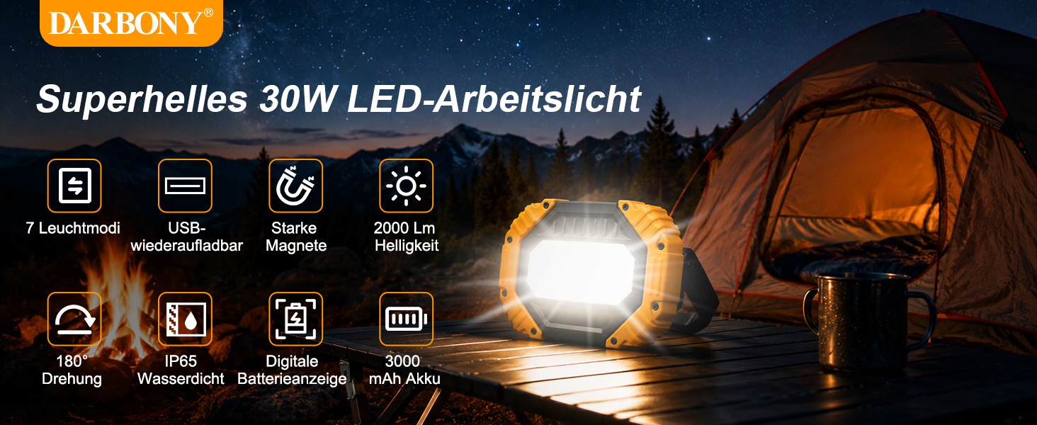 Zwei gelbe Darbony LED-Akkustrahler mit 30 Watt, Display und verstellbarem Griff – Detail 1