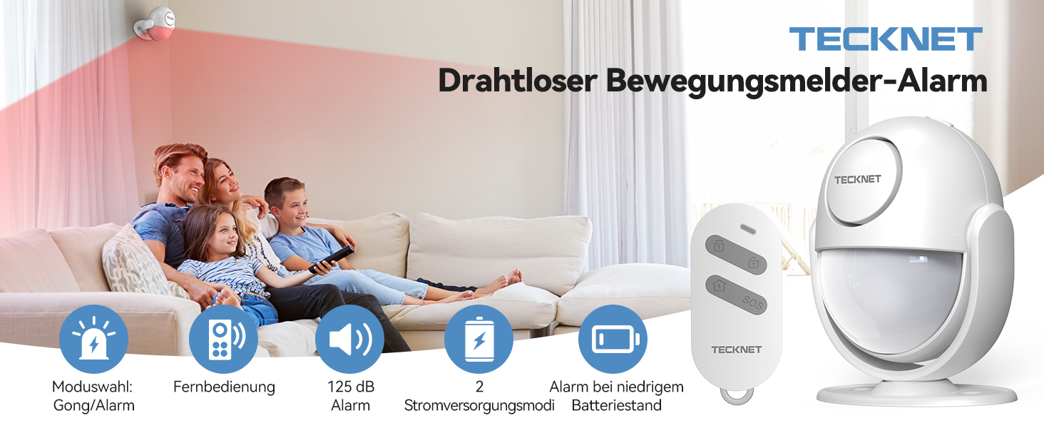 TECKNET TK-HA001 Bewegungsmelder-Alarm in Weiss mit Fernbedienung – Detail 1