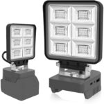T-SUN LED-Arbeitsleuchte mit Aluminiumschirm auf einem Makita-18-V-Akku, Kopf nach oben geschwenkt