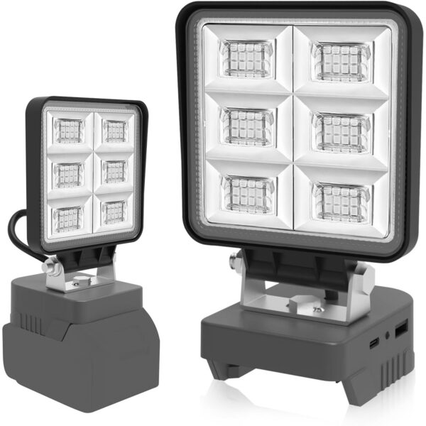 T-SUN LED-Arbeitsleuchte mit Aluminiumschirm auf einem Makita-18-V-Akku, Kopf nach oben geschwenkt