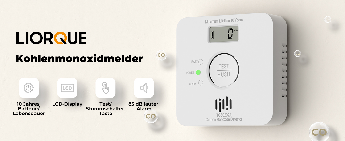 LIORQUE Kohlenmonoxid-Melder TCS0202A in Weiss mit LCD-Anzeige des CO-Werts an der Wand – Detail 1