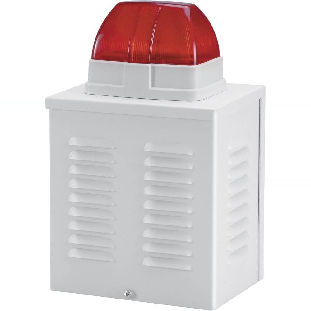ABUS SG3210 Sirenen- und Blitzleuchten-Attrappe, Aluminiumgehäuse IP34, aufputz – Ansicht 1 ABUS SG3210 Sirenen-Attrappe in Weiss-Grau mit roter Blitzabdeckung für die Aussenwand