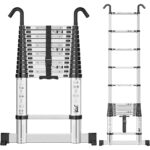 SIMPDIY Teleskopleiter 3,8 m aus Aluminium, ausgezogen mit Stabilisierungsstangen am Leiterfuss