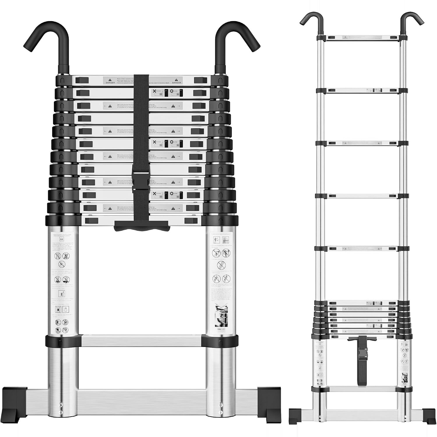 SIMPDIY Teleskopleiter 3,8 m Aluminium, 13 Sprossen, Doppelverriegelung, Haken, 150 kg – Ansicht 1 SIMPDIY Teleskopleiter 3,8 m aus Aluminium, ausgezogen mit Stabilisierungsstangen am Leiterfuss