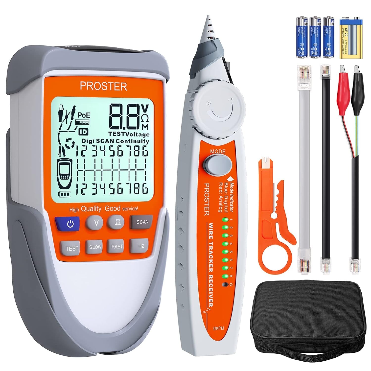 Proster PST204 Netzwerk-Kabeltester mit Leitungssucher, PoE-Test und LCD-Display – Ansicht 1 Proster PST204 Netzwerk-Kabeltester mit LCD-Display, Sender und Empfänger