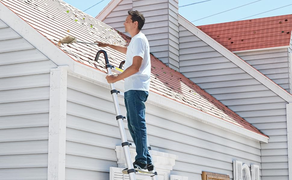 SIMPDIY Teleskopleiter 3,8 m aus Aluminium, ausgezogen mit Stabilisierungsstangen am Leiterfuss – Detail 1