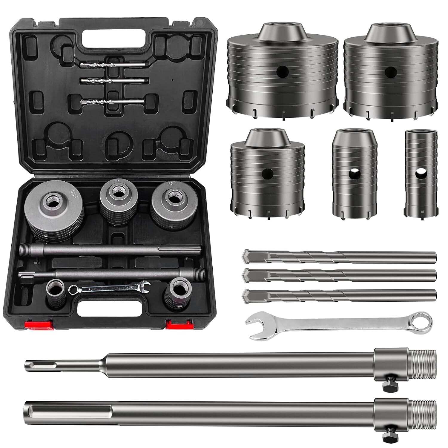 WinGluge Bohrkronen-Set 30/40/68/80/100 mm für Beton mit SDS-Plus- und SDS-Max-Adapter – Ansicht 1 WinGluge Bohrkronen-Set mit fünf Hohlbohrkronen, SDS-Adapterstangen und Zentrierbohrern