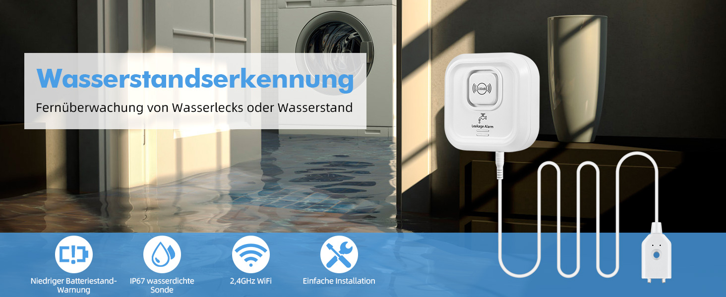 KERUI Wassermelder JYXSJF1 im 2er-Set, weisses Gehäuse mit angestecktem Wasserstandskabel – Detail 1