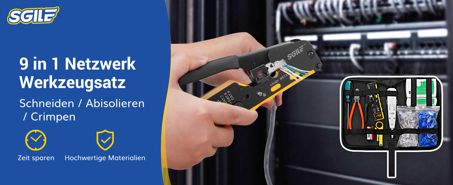 SGILE Netzwerk-Werkzeugset mit Crimpzange, Prüfgerät, Cat6-Steckern und Werkzeugtasche – Detail 1