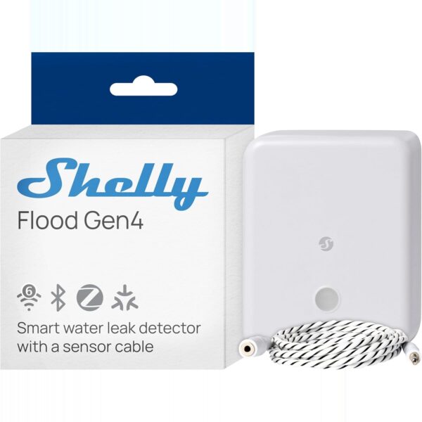 Shelly Flood Gen4 Wassersensor mit angeschlossenem Leck-Sensorkabel auf dem Boden