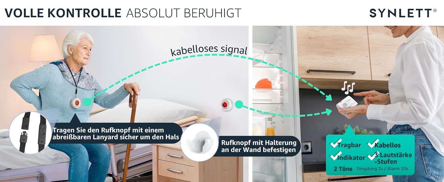 SYNLETT Pflegeruf-Set mit zwei roten Notrufknöpfen und zwei tragbaren Pagern – Detail 1