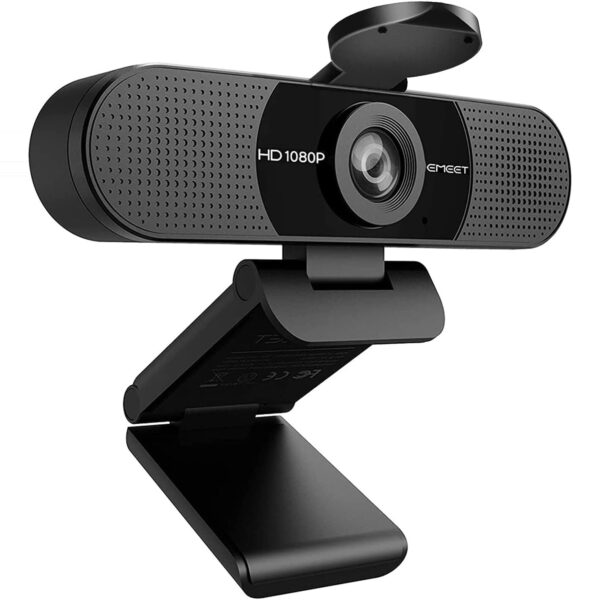 Schwarze Webcam mit breitem Gehäuse und klappbarer Monitorhalterung