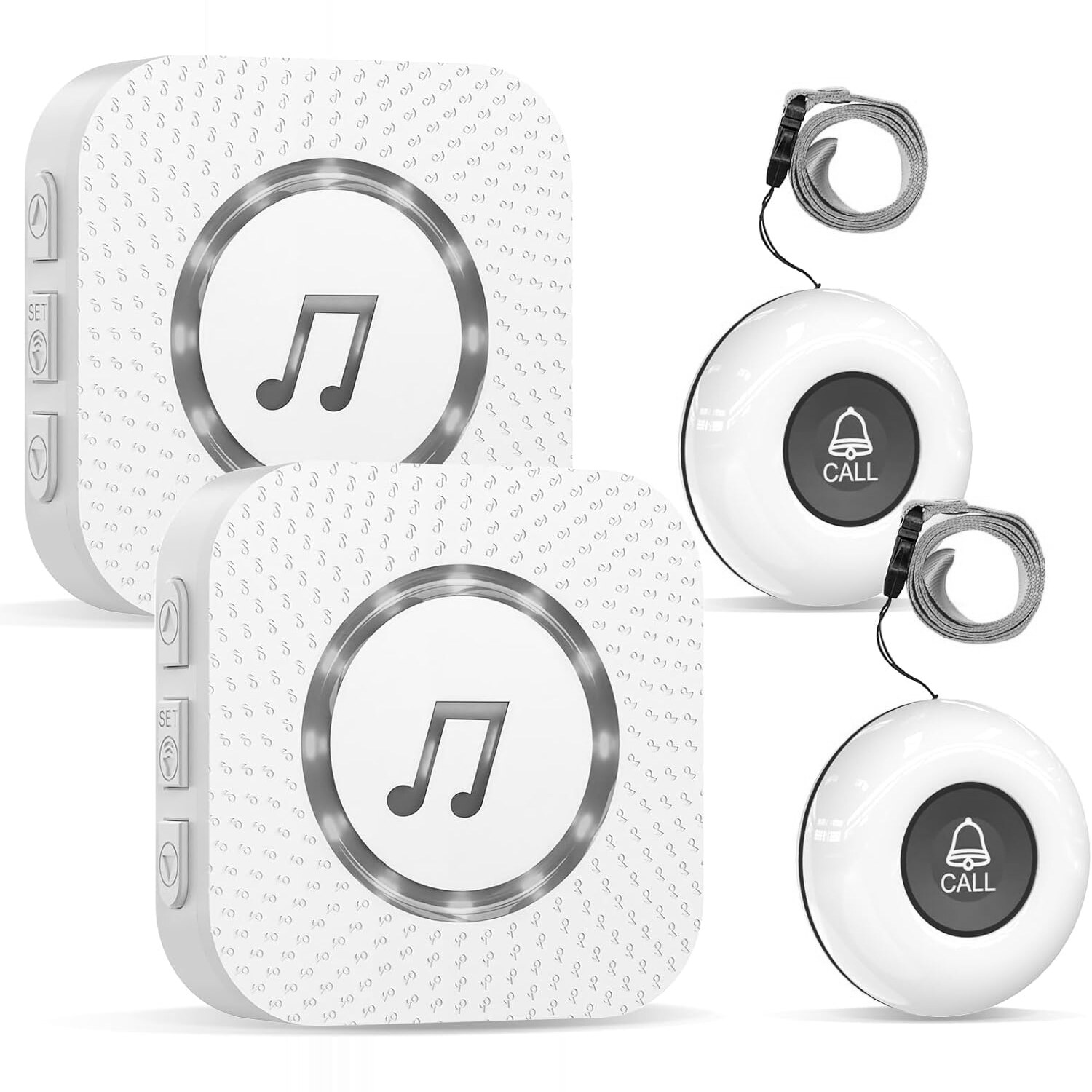 ChunHee CC19 Notrufknopf-Set für Senioren, 2 Sender und 2 Empfänger, 150 m Reichweite – Ansicht 1 ChunHee CC19 Notrufknopf-Set mit zwei Sendern und zwei Empfängern in Weiss