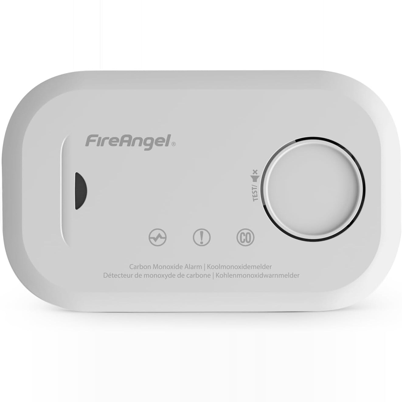 FireAngel FA6813 Kohlenmonoxidmelder in Weiss mit grosser Testtaste und roter CO-Anzeige