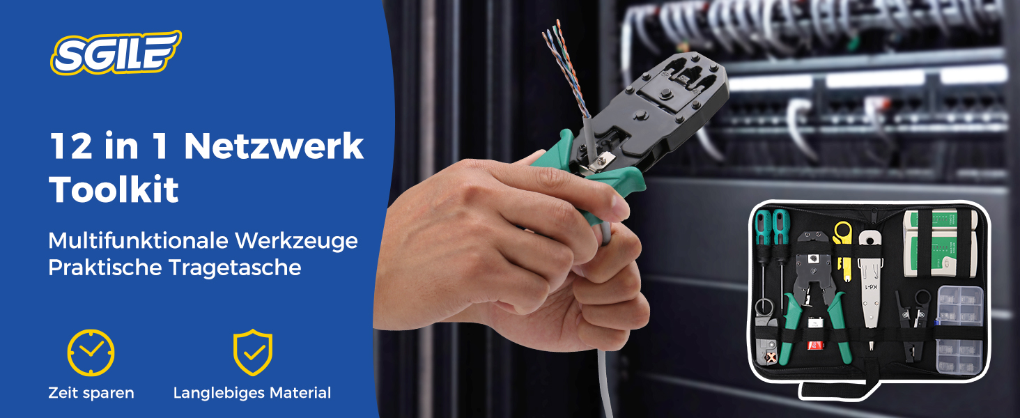 SGILE 12-in-1 Netzwerk-Werkzeugset mit Crimpzange, Kabeltester und RJ45-Steckern – Detail 1