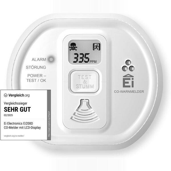 Ei Electronics Ei208D Kohlenmonoxidmelder mit Display, Testknopf und Montageplatte