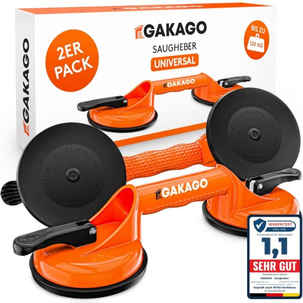 Zwei orange Saugheber mit schwarzen Saugtellern vor der Verpackung des Zweierpacks