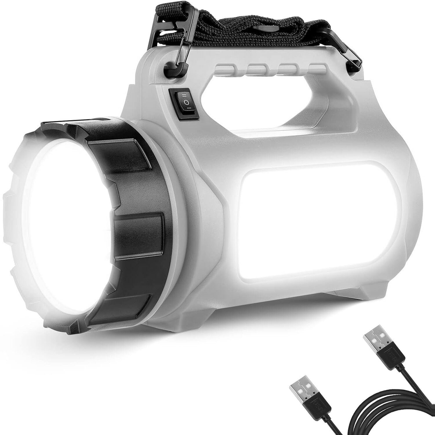 LE Handscheinwerfer 1000 Lumen mit Akku, Seitenlicht, rotem Warnblinklicht und Powerbank – Ansicht 1 LE Handscheinwerfer mit Tragegriff, Hauptlicht vorne und seitlichem Arbeitslicht