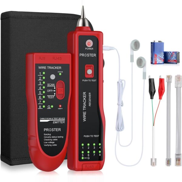 Proster XQ 350 Kabelsucher in Rot mit Sender, Empfänger, Kopfhörer und Krokodilklemmen