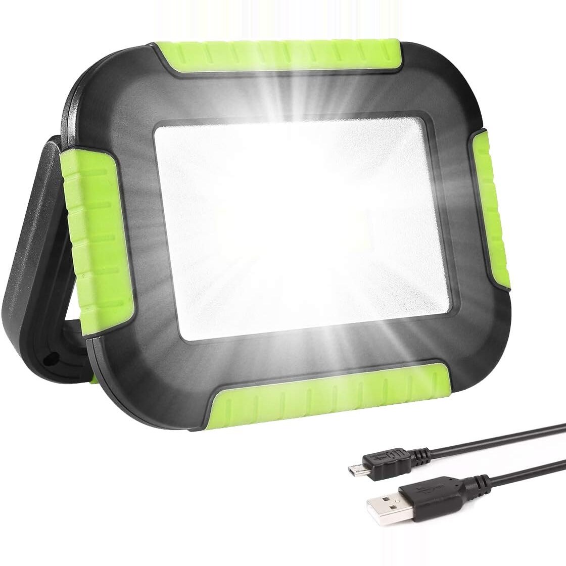 LE Arbeitsleuchte und Campinglampe 1000 Lumen, Akku, dimmbar, mit Powerbank, Grün – Ansicht 1 Flache LED-Arbeitsleuchte von LE mit grünen Gummikanten und rastendem Klappgriff