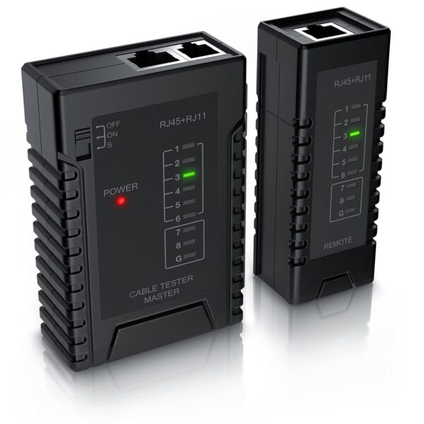 CSL Netzwerk-Kabeltester in Schwarz mit Haupteinheit, abnehmbarer Remote-Einheit und LED-Reihe
