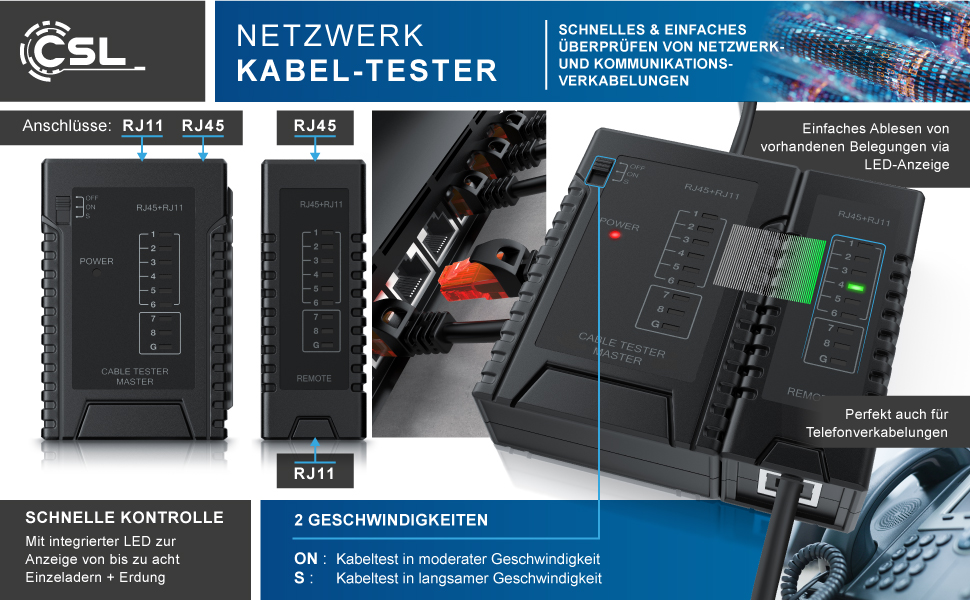 CSL Netzwerk-Kabeltester in Schwarz mit Haupteinheit, abnehmbarer Remote-Einheit und LED-Reihe – Detail 1