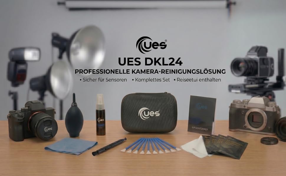UES DKL-24 Reinigungsset mit Sensor-Swabs, Blasebalg und Lens-Pen im schwarzen Hartschalenetui – Detail 1