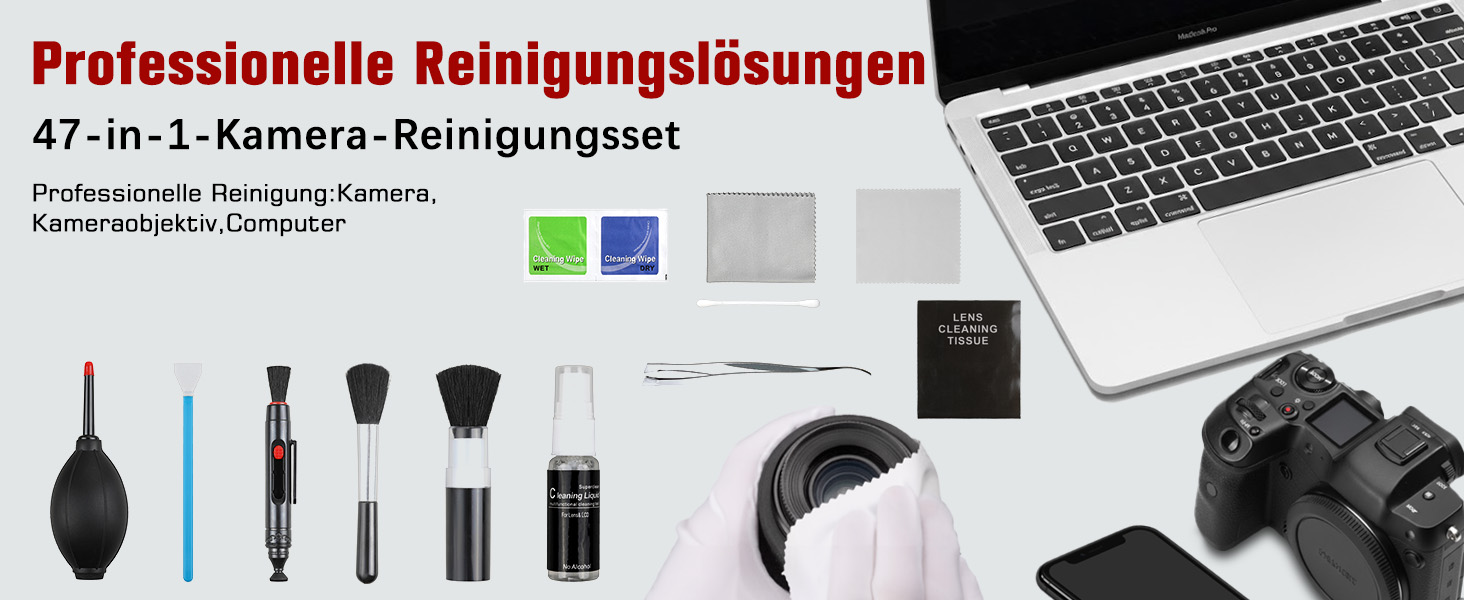 Zacro Reinigungsset für Kameras mit Blasebalg, Linsenstift, Pinseln, Tüchern und Box – Detail 1