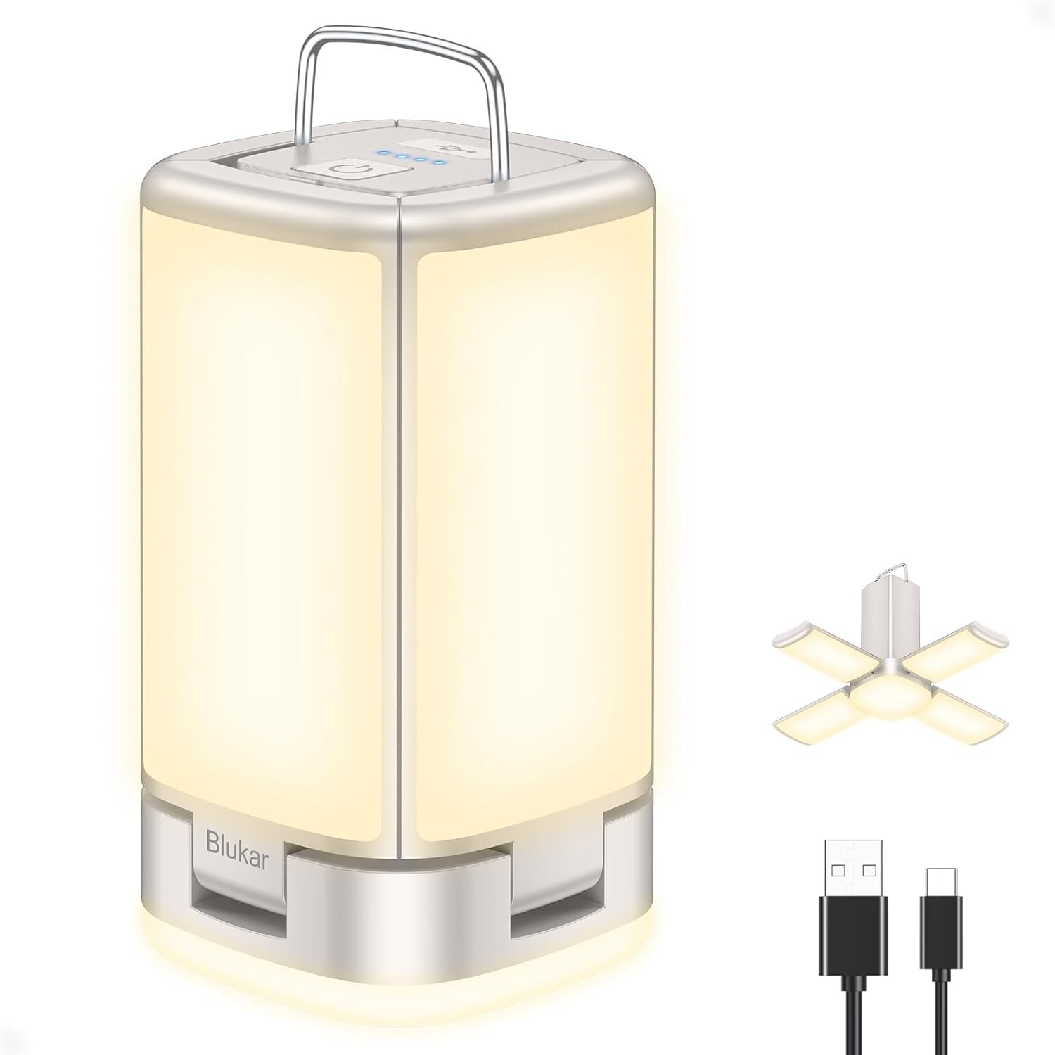 Blukar Campinglampe mit 116 LED, 7 Lichtmodi und USB-C-Akku – Ansicht 1 Blukar Campinglampe mit aufgeklappten Seitenflügeln und 116 LED in warmweissem Licht