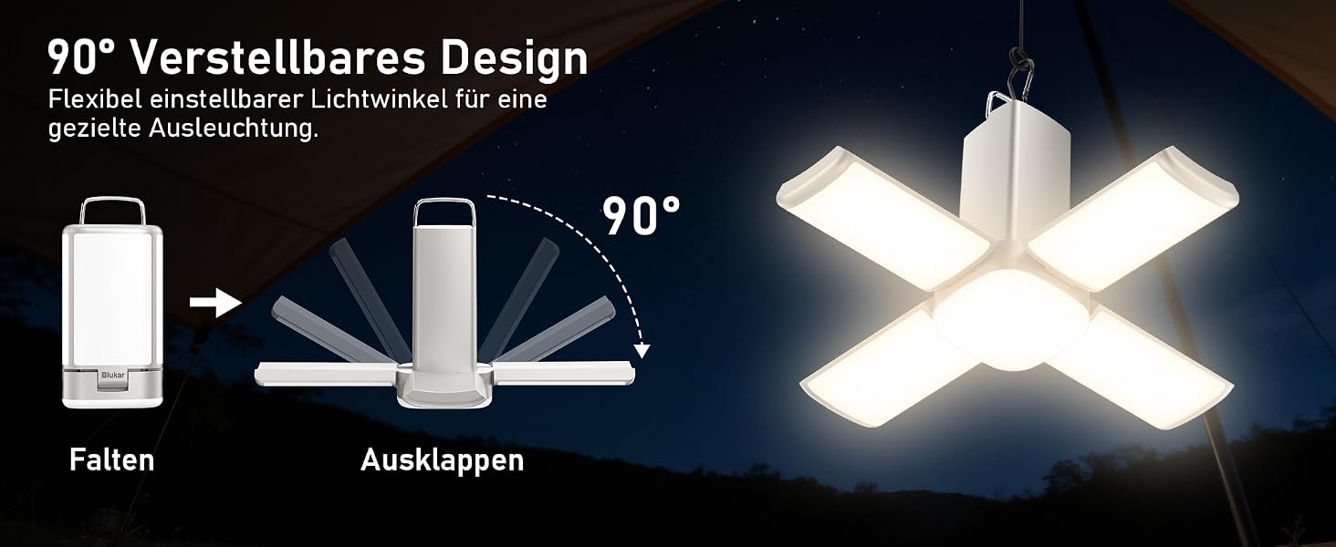 Blukar Campinglampe mit aufgeklappten Seitenflügeln und 116 LED in warmweissem Licht – Detail 1