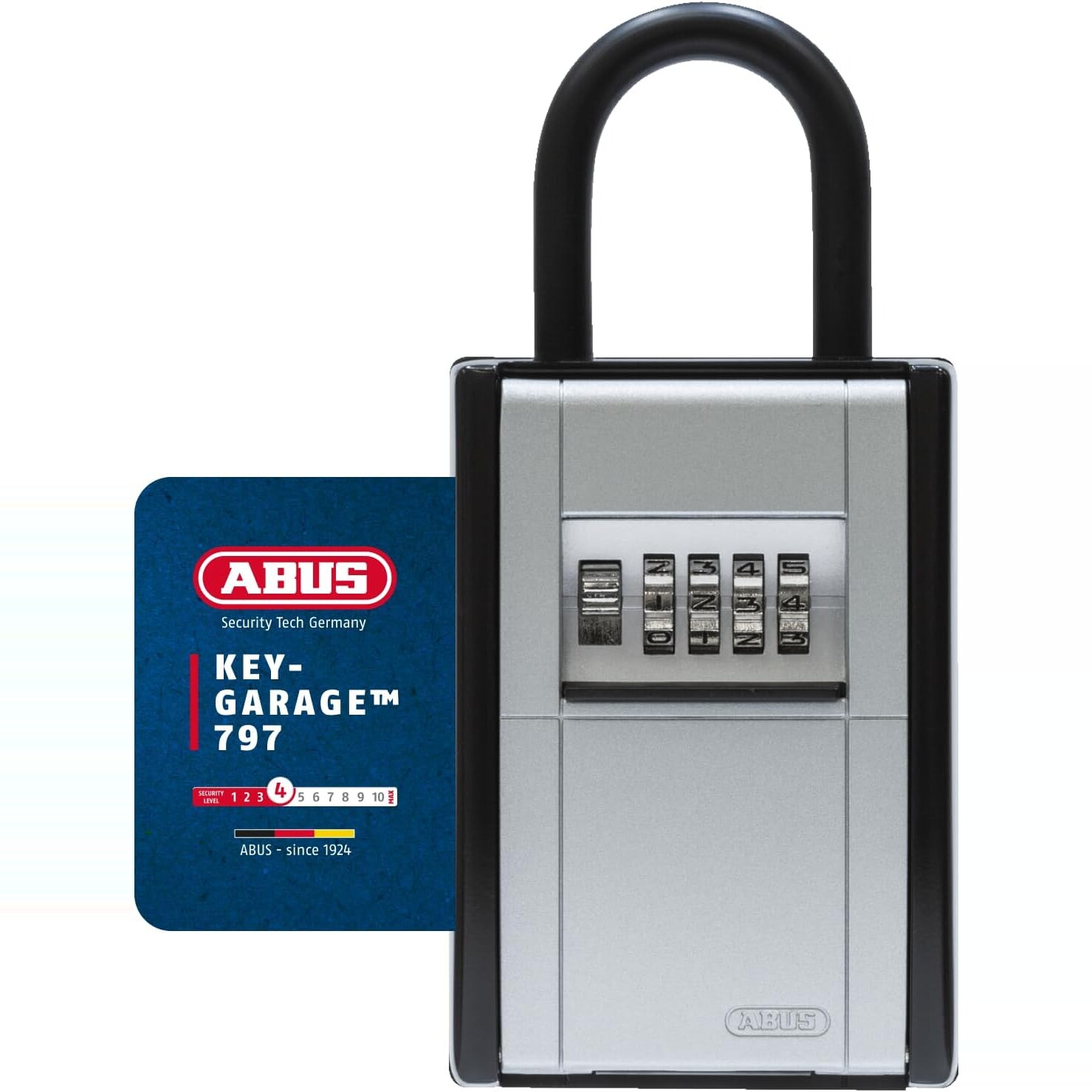 ABUS KeyGarage 797 Schlüsselbox mit silberner Zahlenradklappe und schwarzem kunststoffummanteltem Bügel