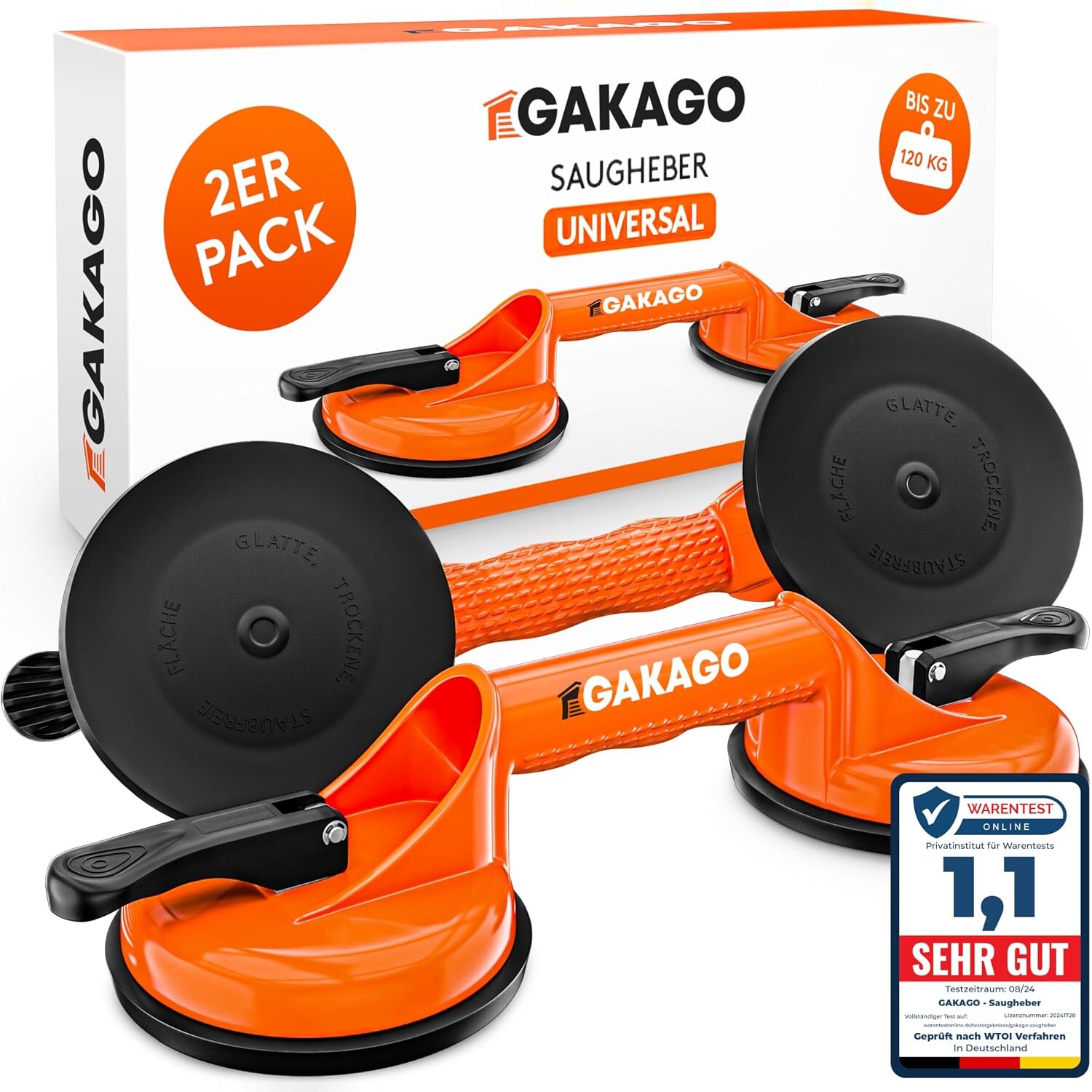 Saugheber-Set im Zweierpack Zwei orange Saugheber mit schwarzen Saugtellern vor der Verpackung des Zweierpacks