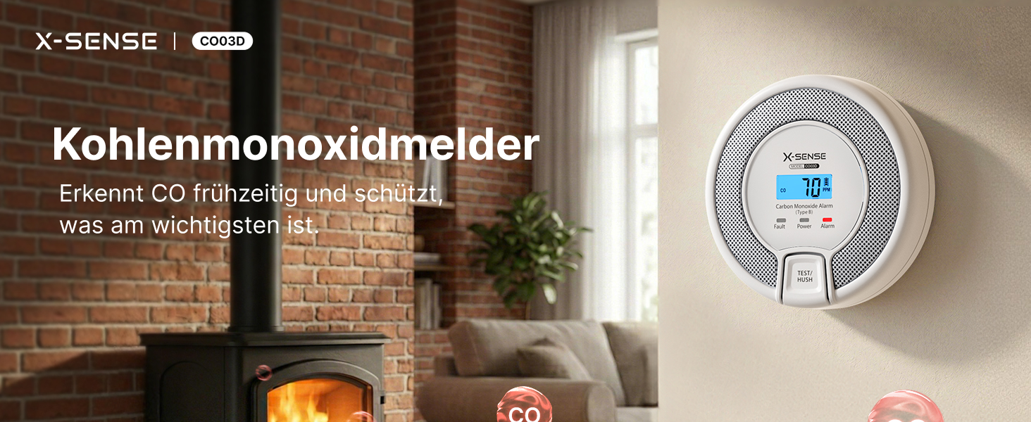 X-Sense CO03D Kohlenmonoxidmelder mit LCD-Anzeige des gemessenen CO-Werts – Detail 1
