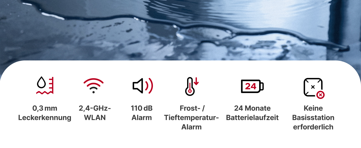 Drei X-Sense SWS0B WLAN-Wassermelder in Weiss, flach am Boden neben einer Waschmaschine – Detail 2