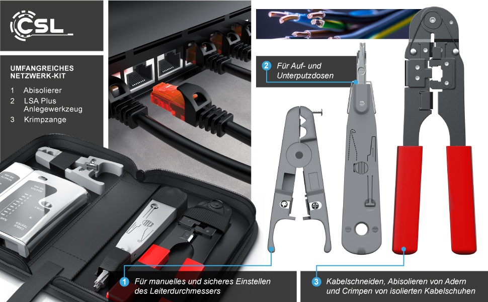 CSL Netzwerk-Kit mit Kabeltester, Krimpzange, Abisolierer und LSA-Anlegewerkzeug – Detail 2